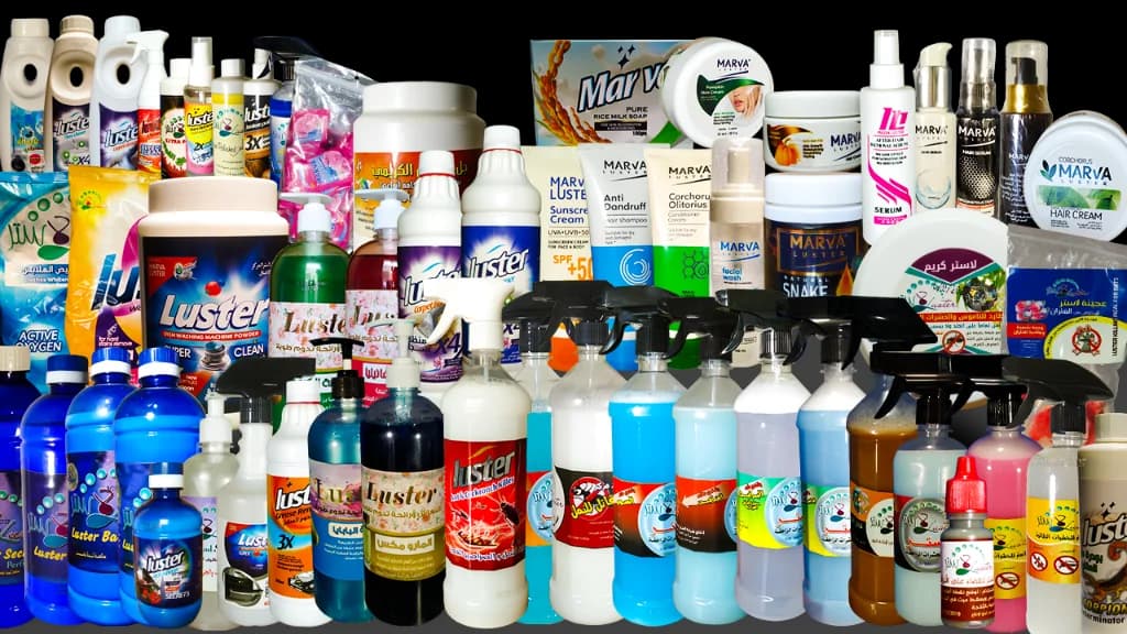 Luster product lineup — detergents, pesticides, and cosmetics
